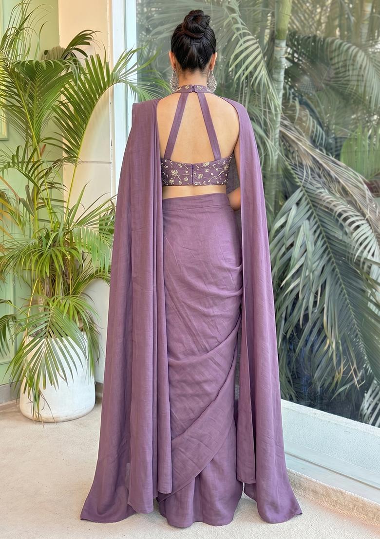 Mauve Embroidered Tissue Pre Draped Saree Set - Indya