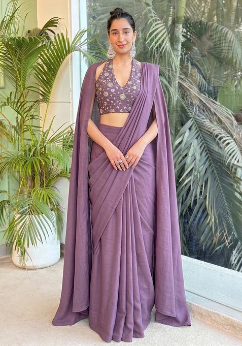 Mauve Embroidered Tissue Pre Draped Saree Set