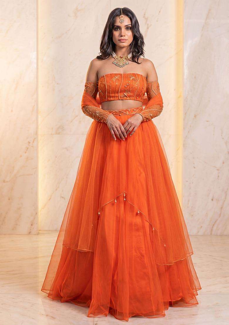 Orange Handwork Lehenga Set - Indya