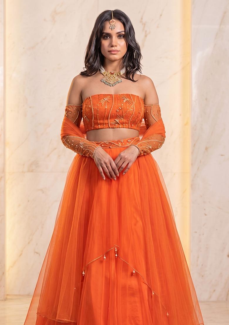 Orange Handwork Lehenga Set - Indya
