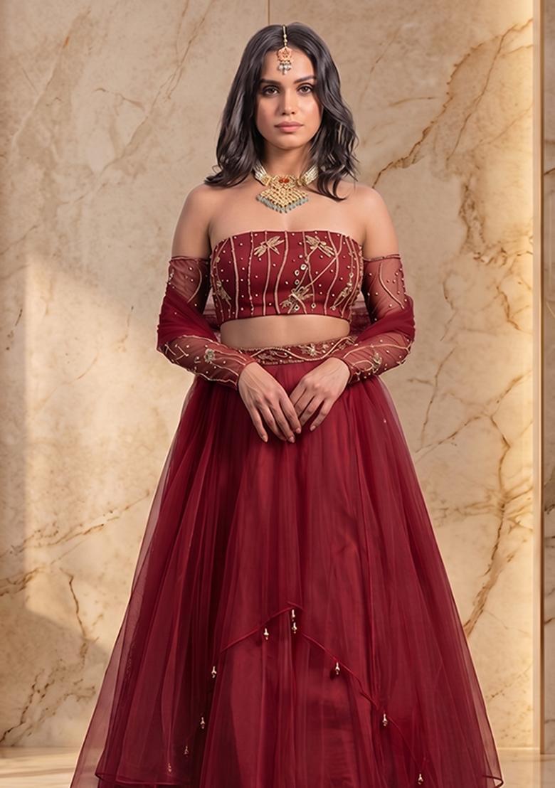 Maroon Handwork Lehenga Set - Indya