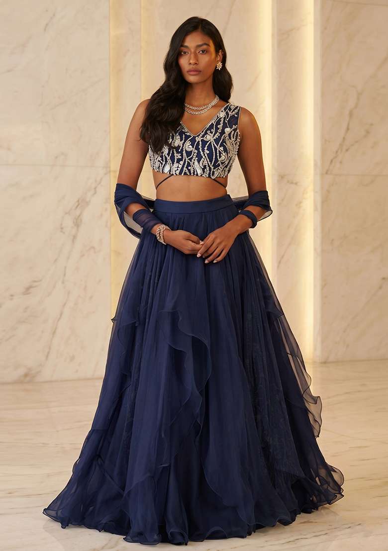 Navy Blue Handwork Lehenga Set - Indya