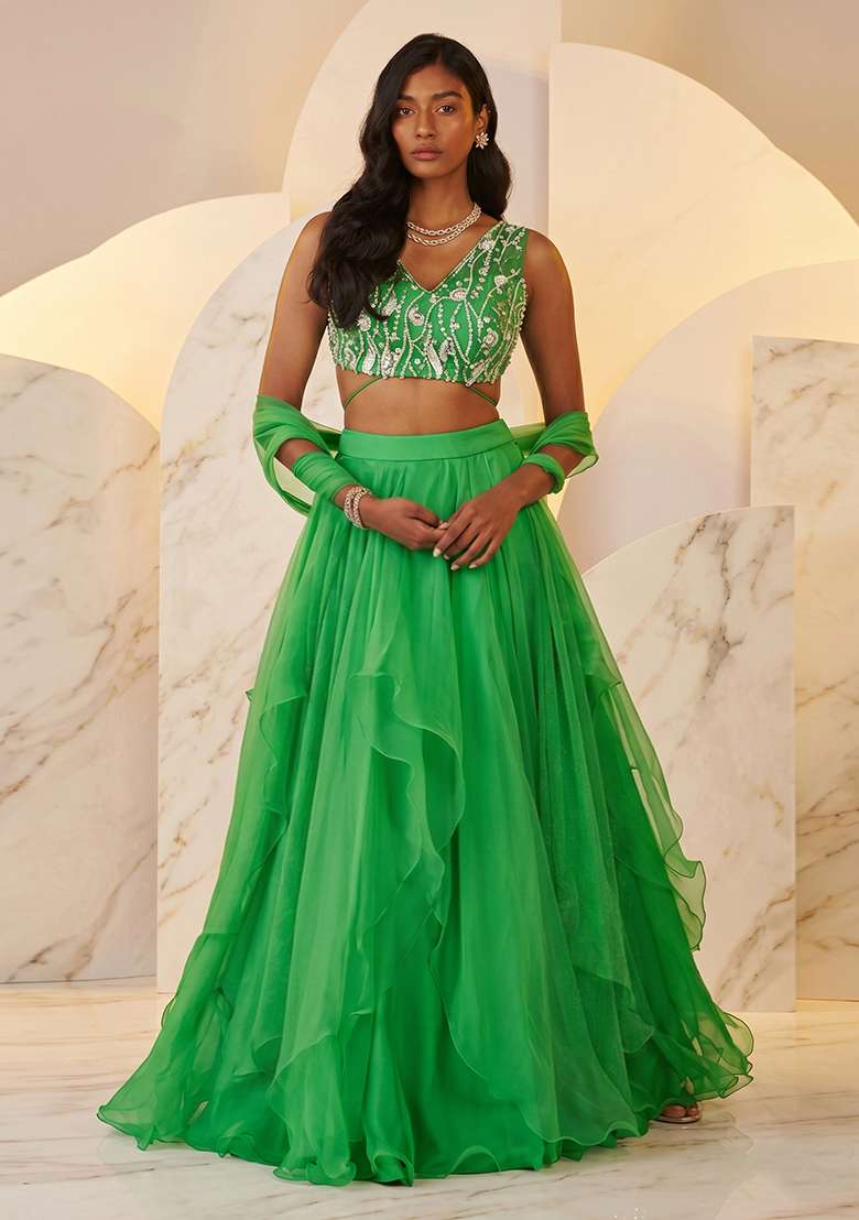 Emerald Green Handwork Lehenga Set - Indya