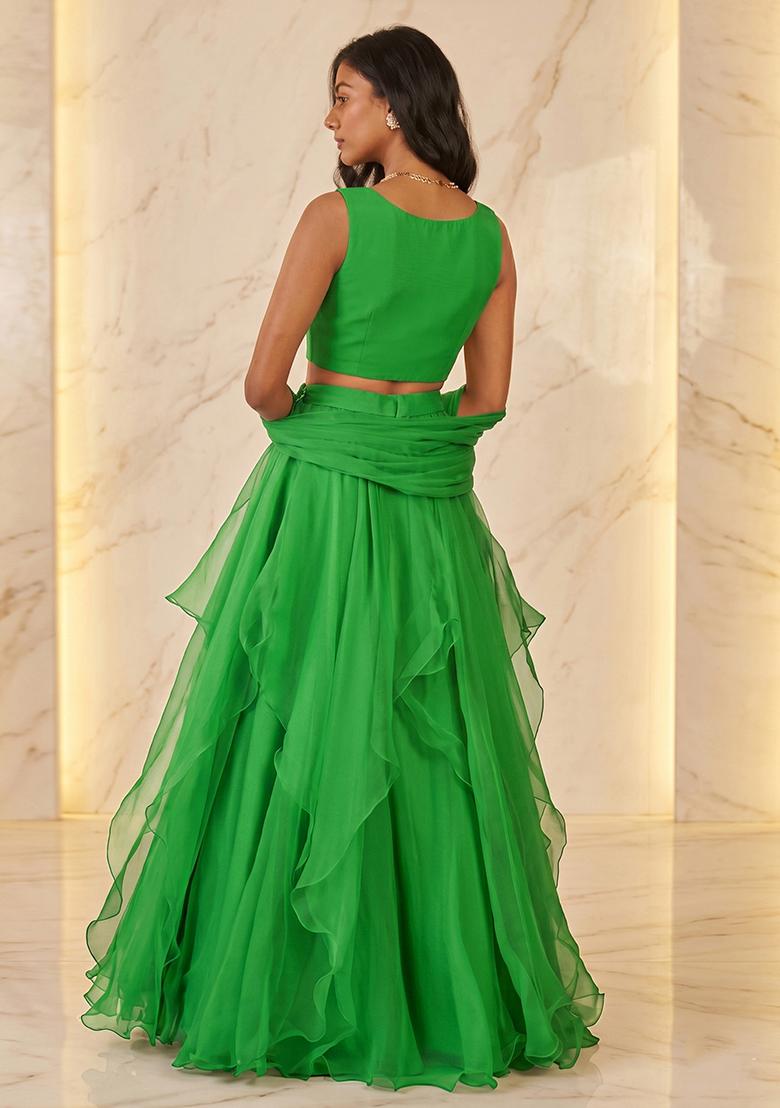 Emerald Green Handwork Lehenga Set - Indya