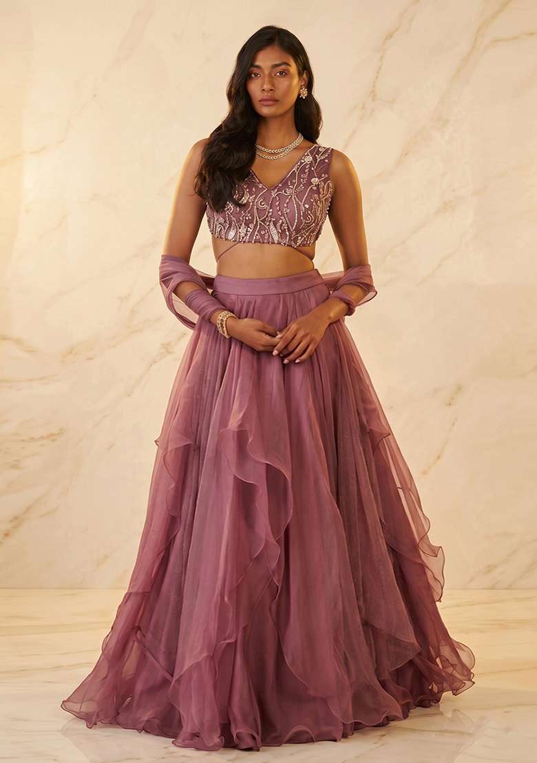 Mauve Handwork Lehenga Set - Indya