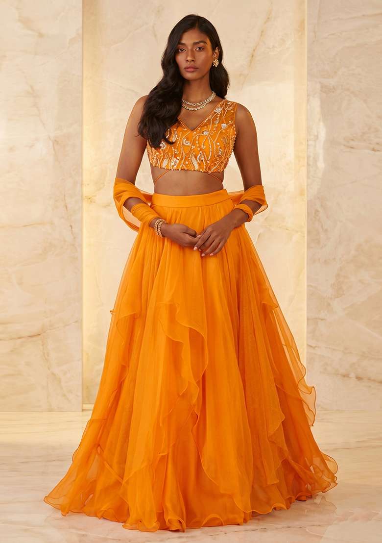 Mustard Handwork Lehenga Set - Indya