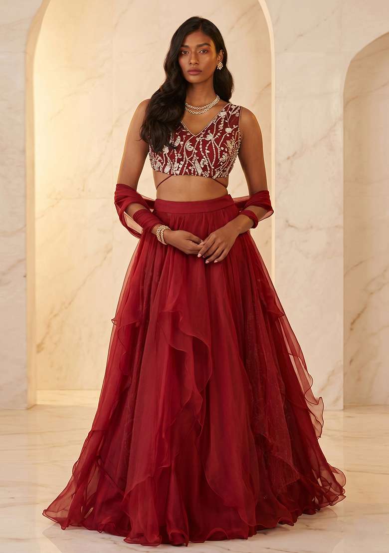 Maroon Handwork Lehenga Set - Indya