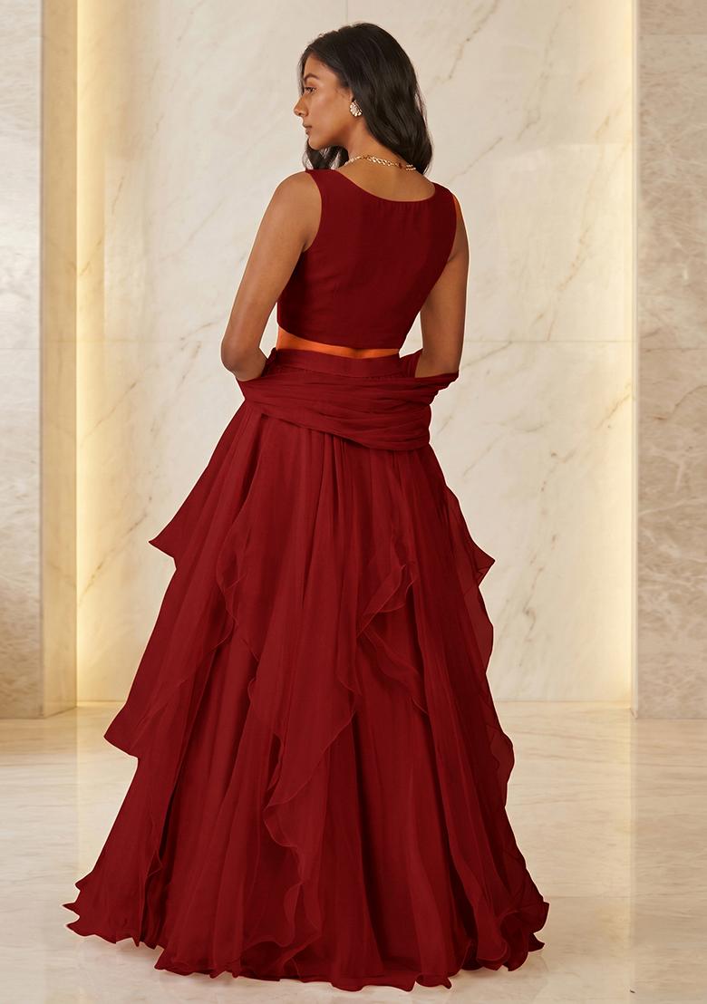 Maroon Handwork Lehenga Set - Indya
