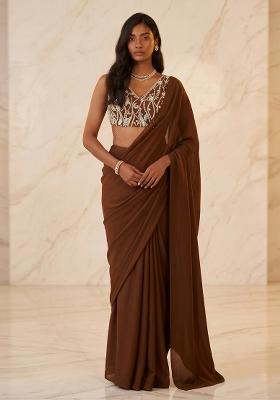 Chocolate Brown Handwork Pre Draped Saree Set