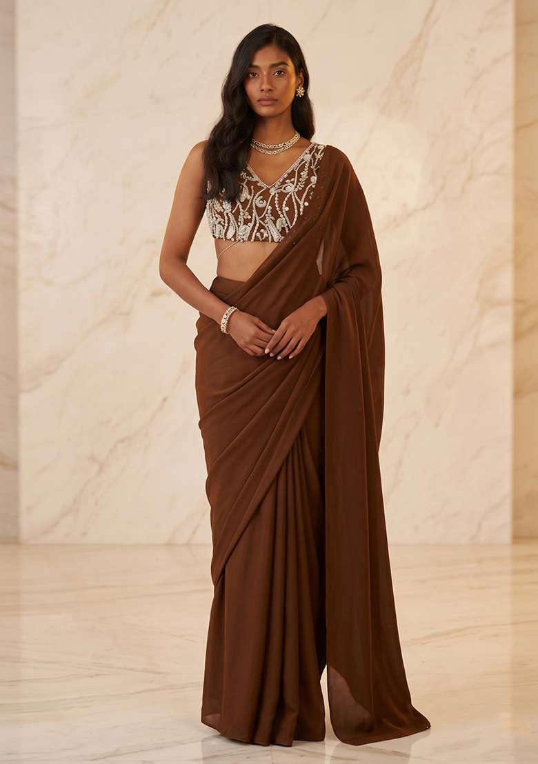 Chocolate Brown Handwork Pre Draped Saree Set - Indya
