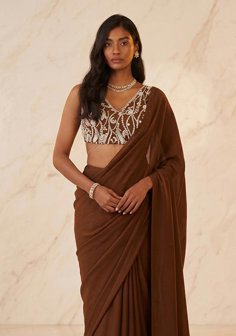 Chocolate Brown Handwork Pre Draped Saree Set - Indya