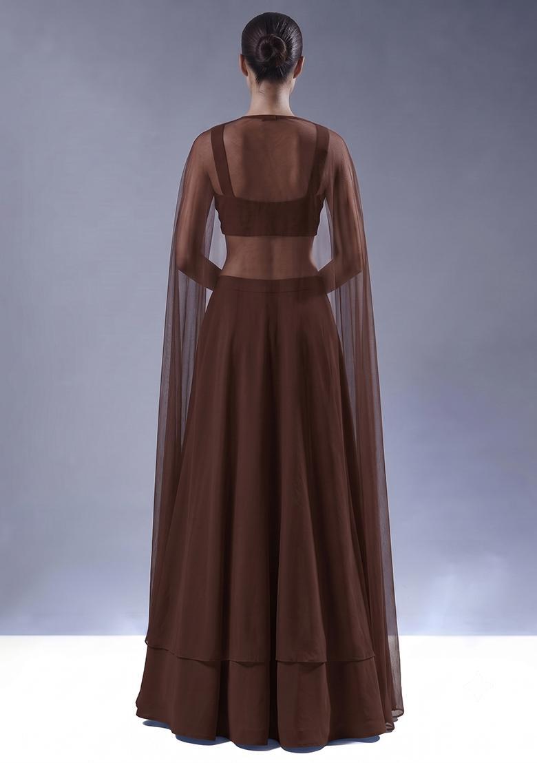 Dark Brown Handwork Lehenga Set - Indya