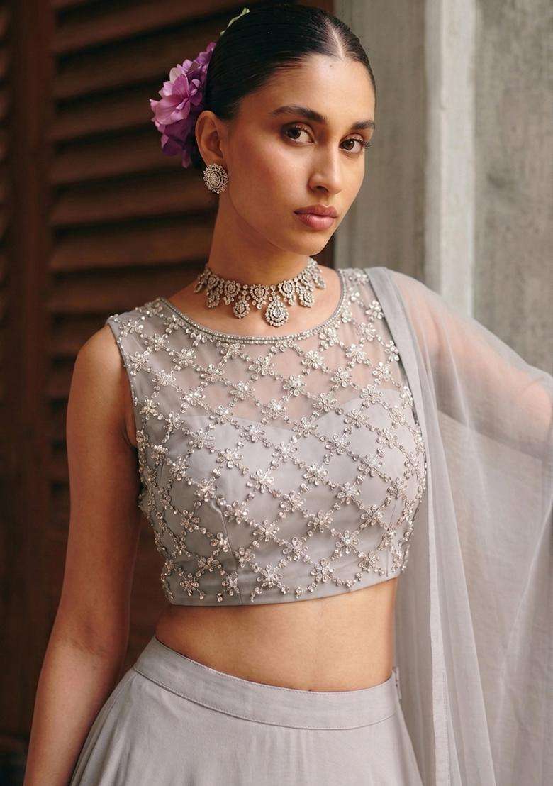 Light Grey Handwork Lehenga Set - Indya