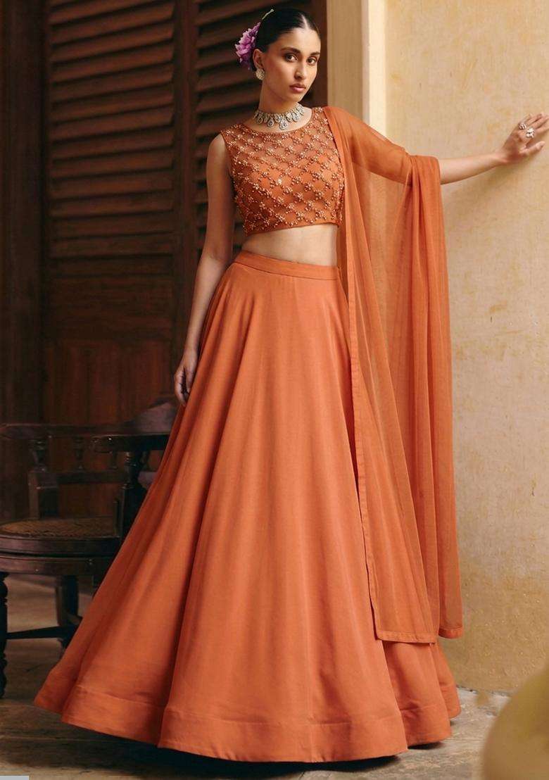 Burnt Orange Handwork Lehenga Set - Indya