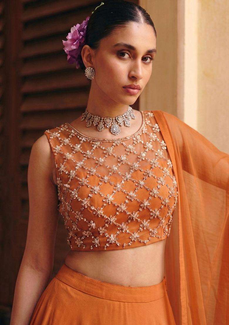 Burnt Orange Handwork Lehenga Set - Indya