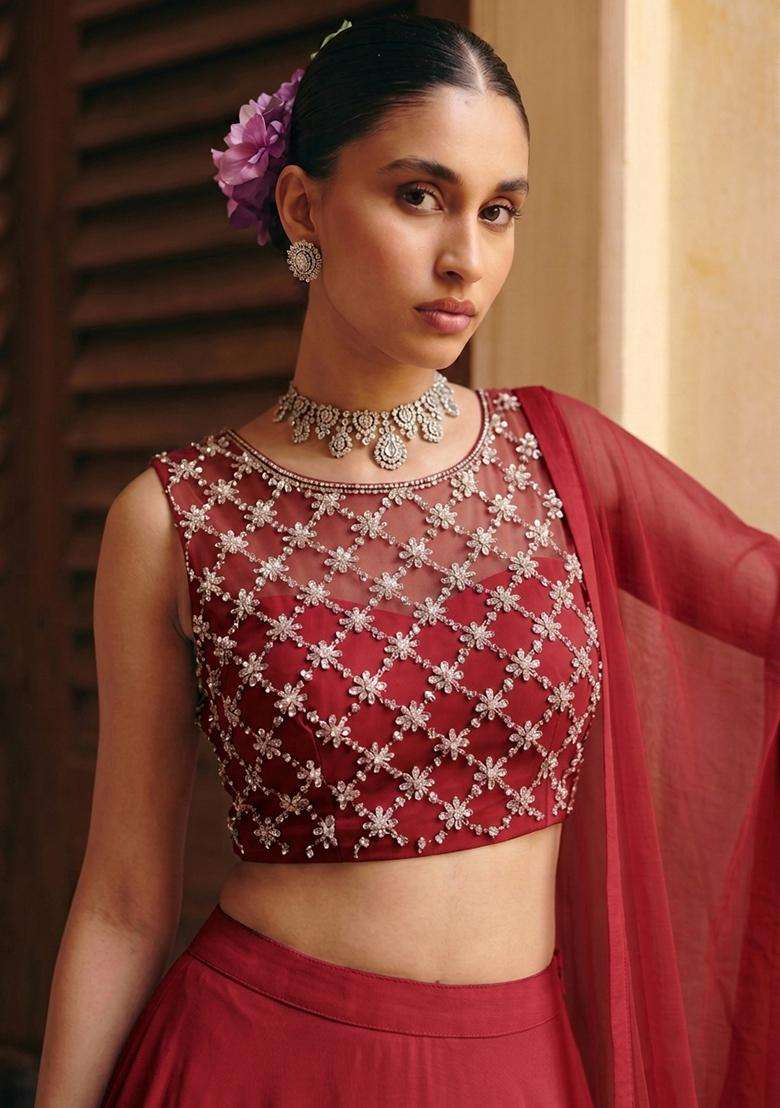 Cherry Red Handwork Lehenga Set - Indya
