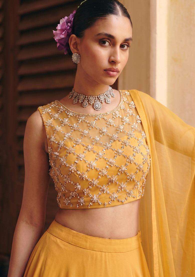Mustard Yellow Handwork Lehenga Set - Indya