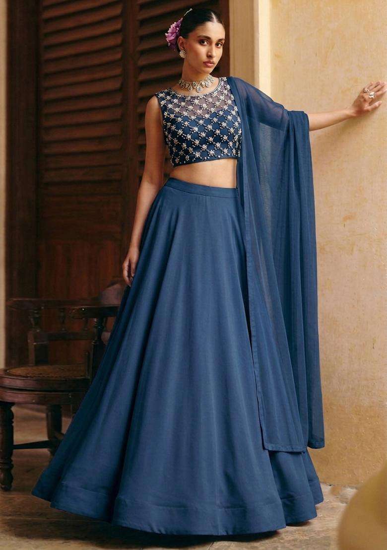 Dark Blue Handwork Lehenga Set - Indya
