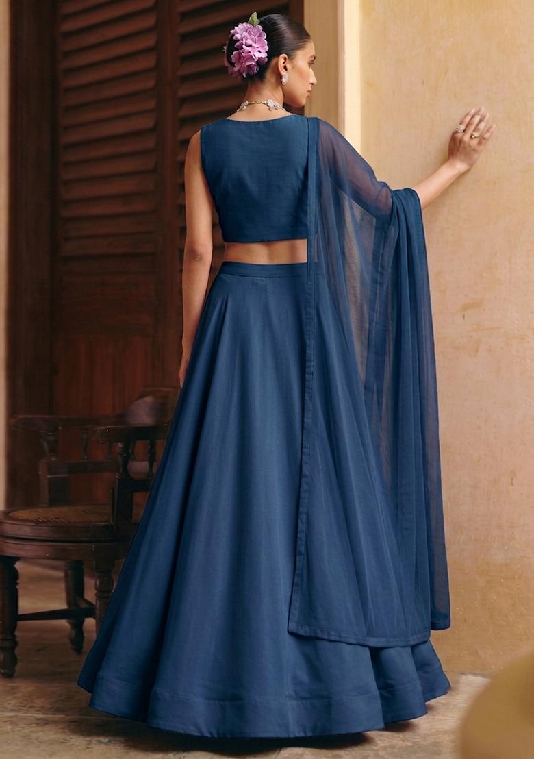 Dark Blue Handwork Lehenga Set - Indya
