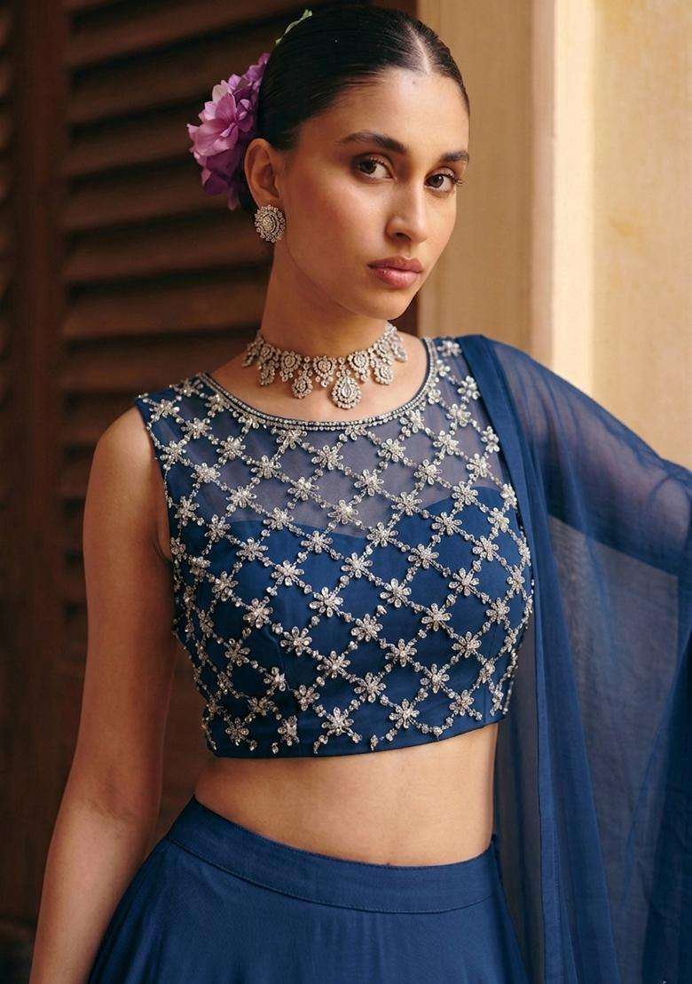 Dark Blue Handwork Lehenga Set - Indya