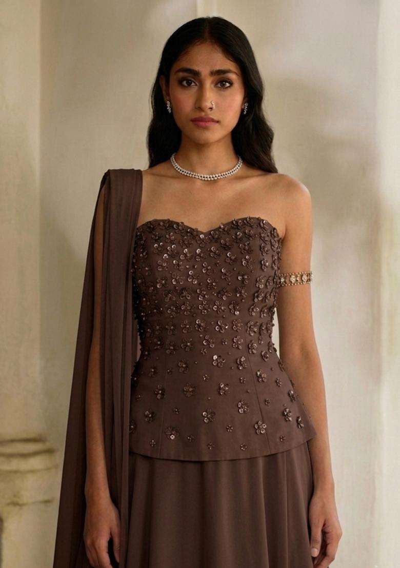 Chocolate Brown Handwork Lehenga Set - Indya