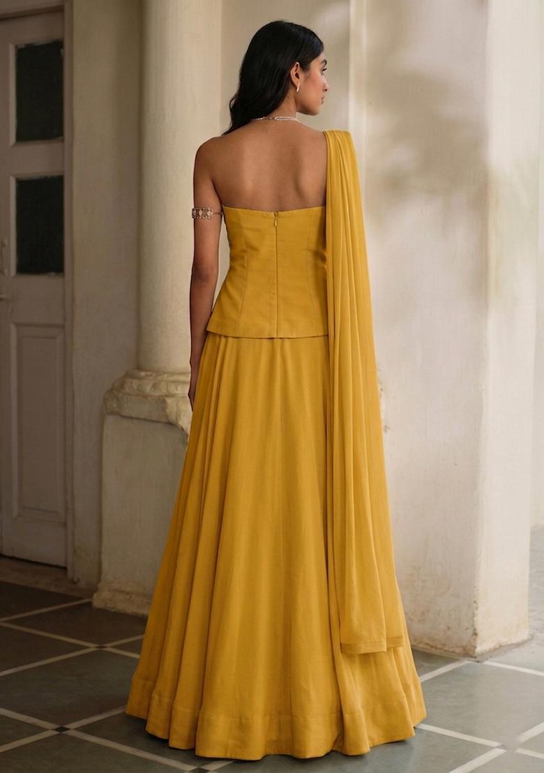 Mustard Yellow Handwork Lehenga Set - Indya