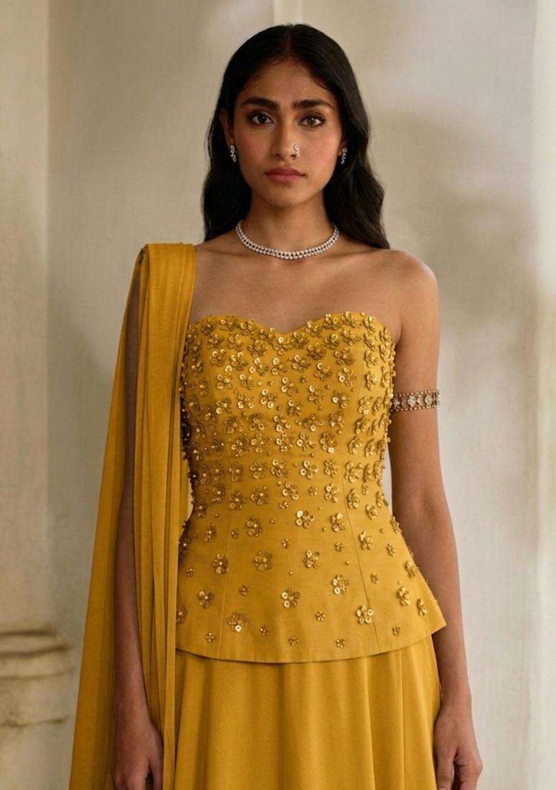 Mustard Yellow Handwork Lehenga Set - Indya