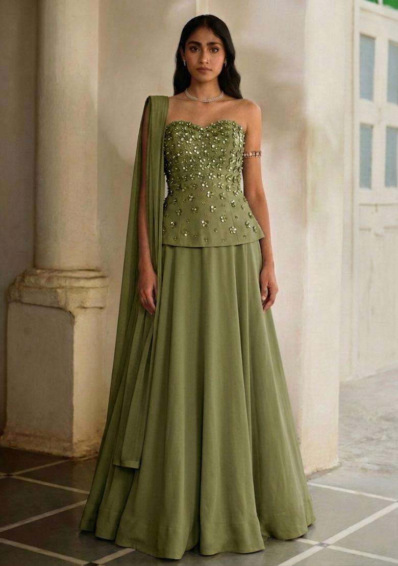 Olive Handwork Lehenga Set - Indya