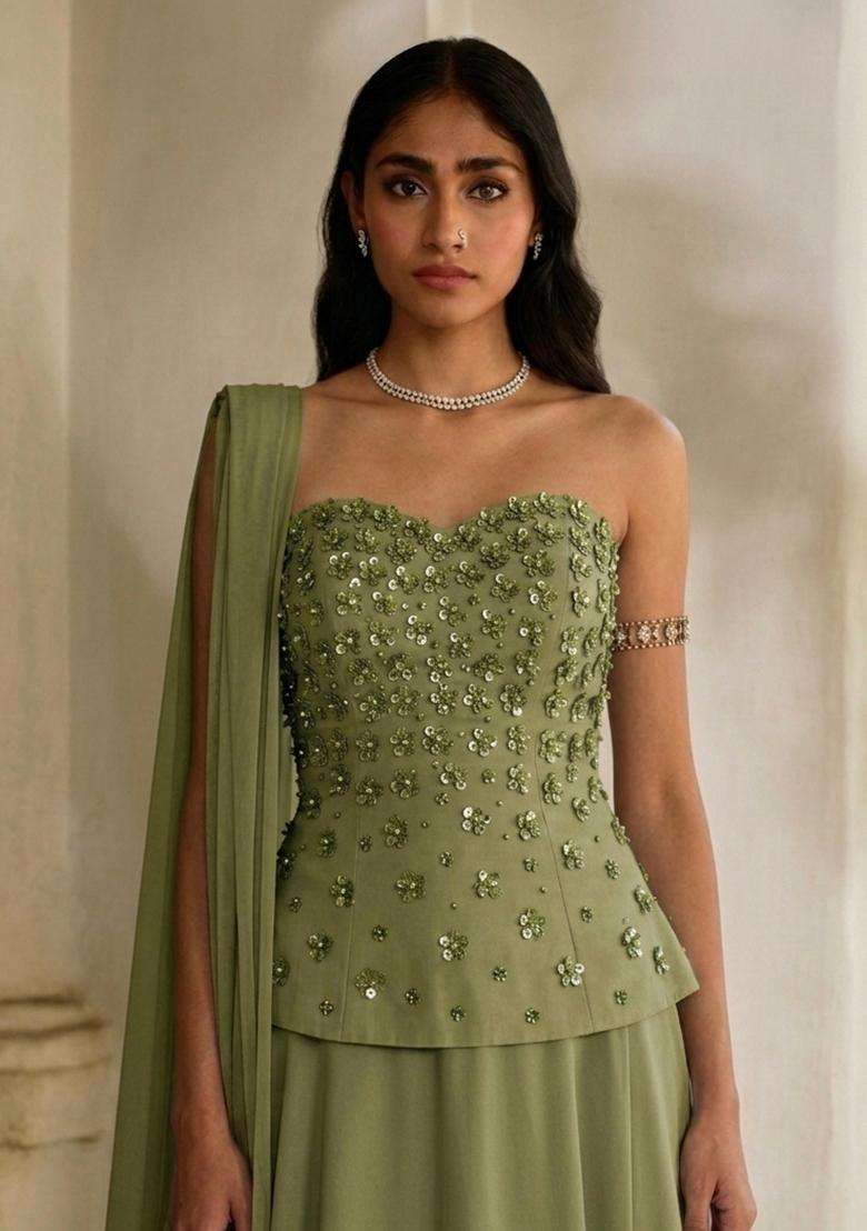 Olive Handwork Lehenga Set - Indya