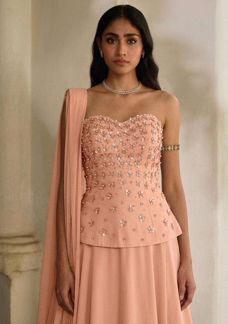 Peach Handwork Lehenga Set - Indya