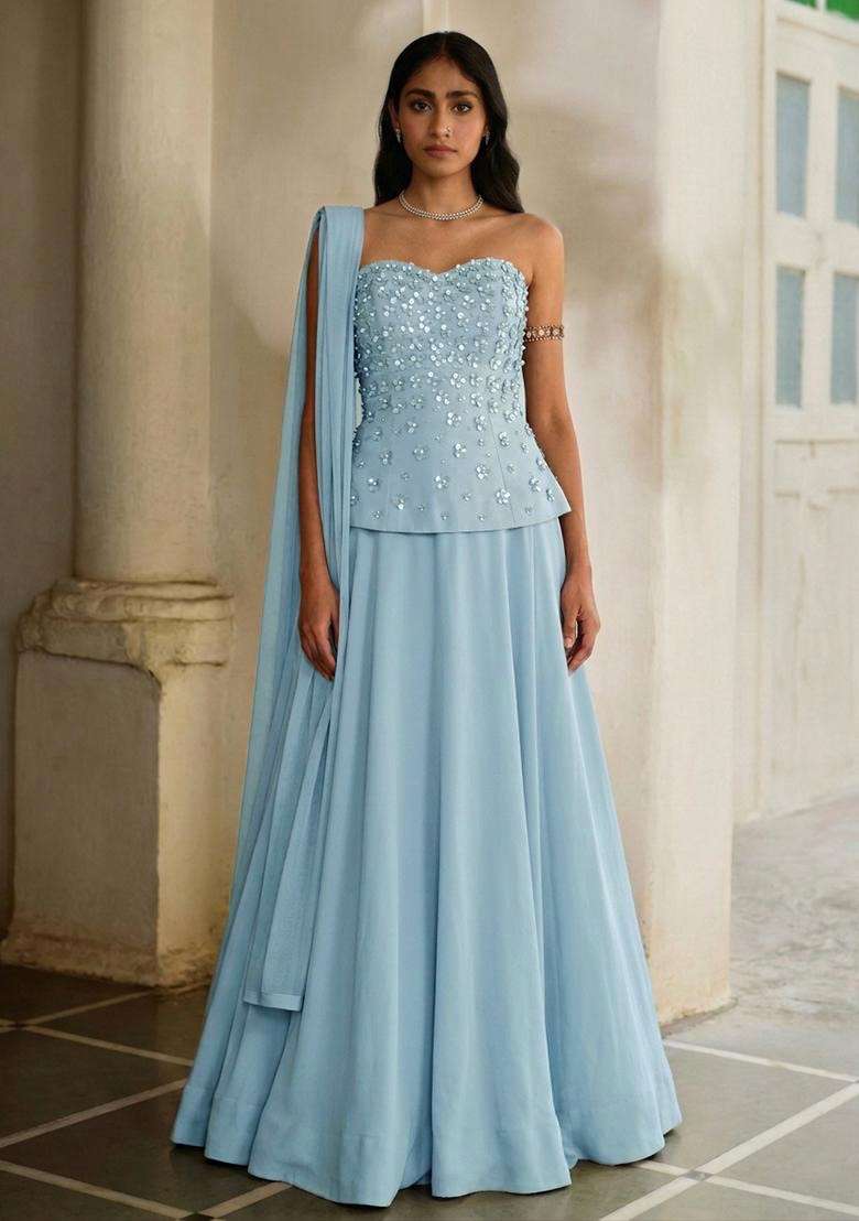 Powder Blue Handwork Corset Blouse Lehenga Set - Indya