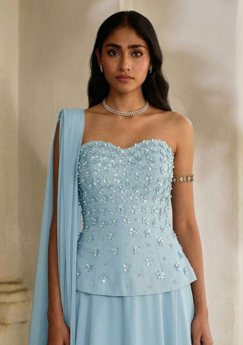 Powder Blue Handwork Corset Blouse Lehenga Set - Indya