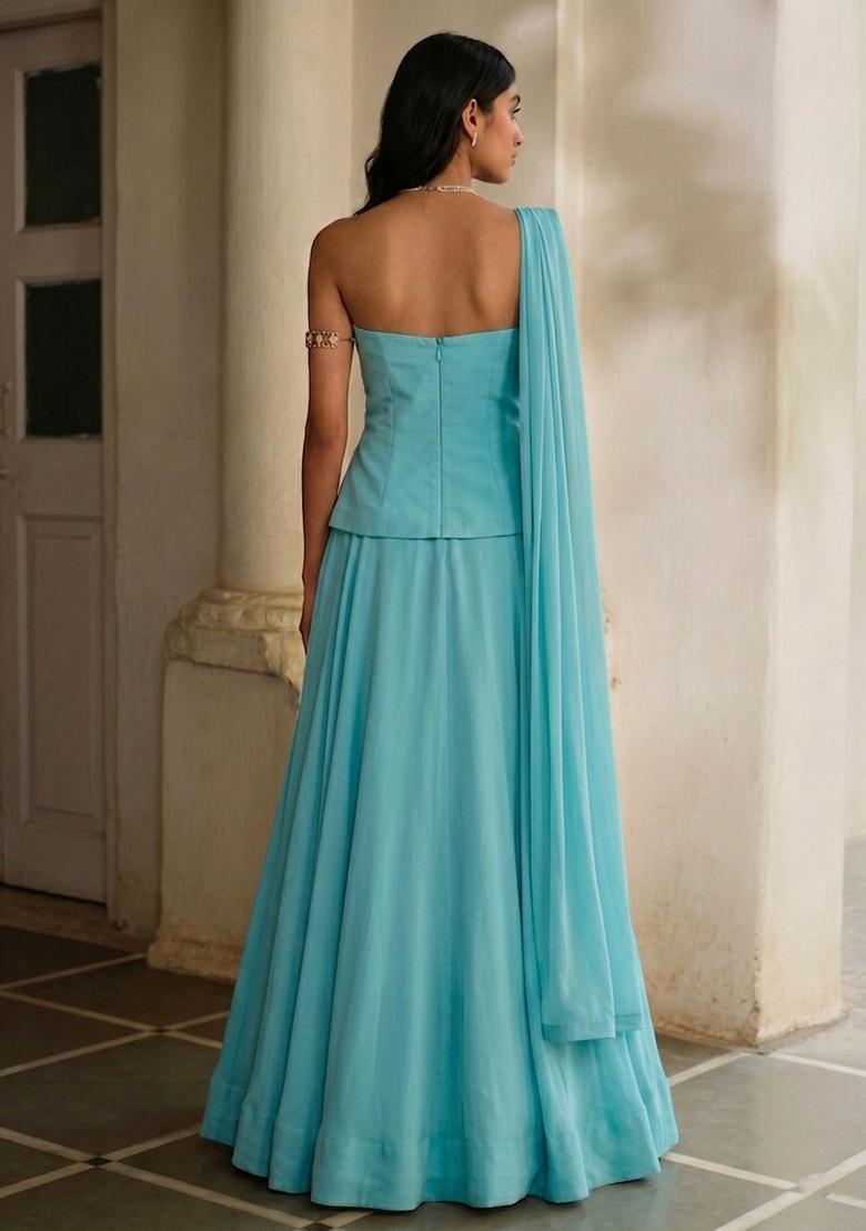 Teal Blue Handwork Lehenga Set - Indya