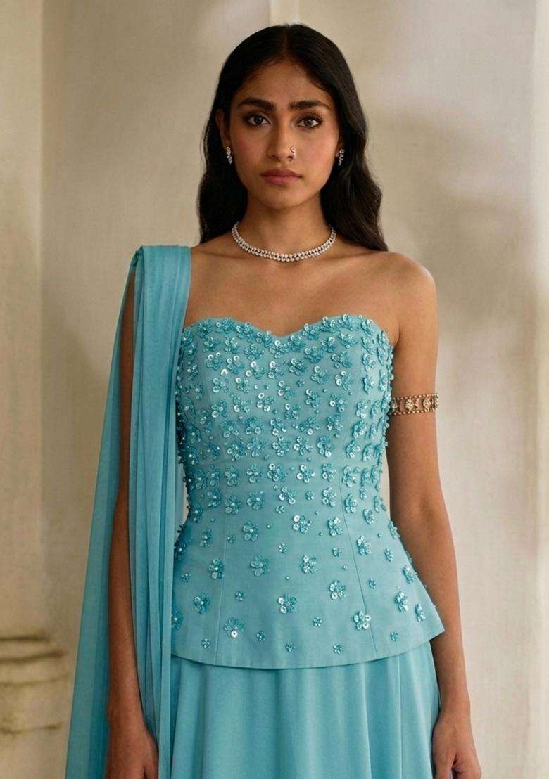Teal Blue Handwork Corset Blouse Lehenga Set - Indya