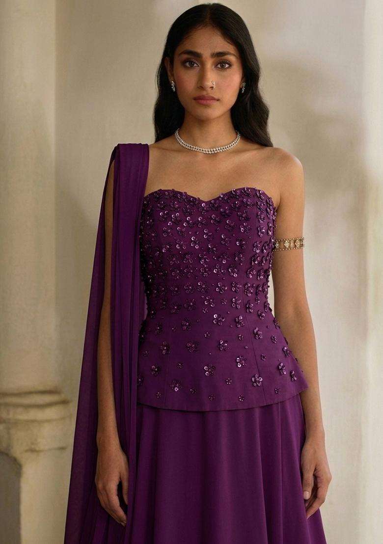 Deep Wine Handwork Corset Blouse Lehenga Set - Indya