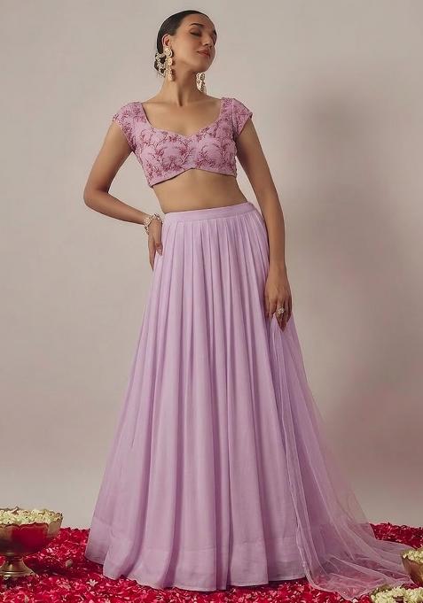 Pastel Pink Embroidered Tissue Lehenga Set
