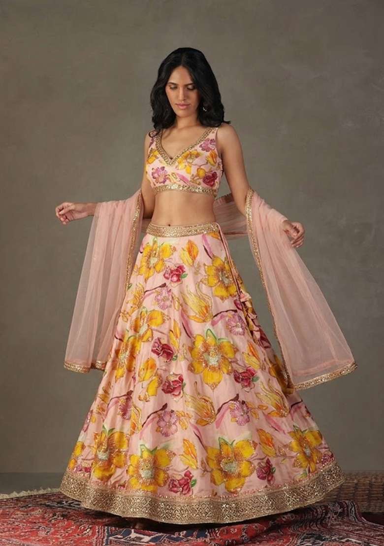 Peach Printed Chinon Lehenga Set - Indya