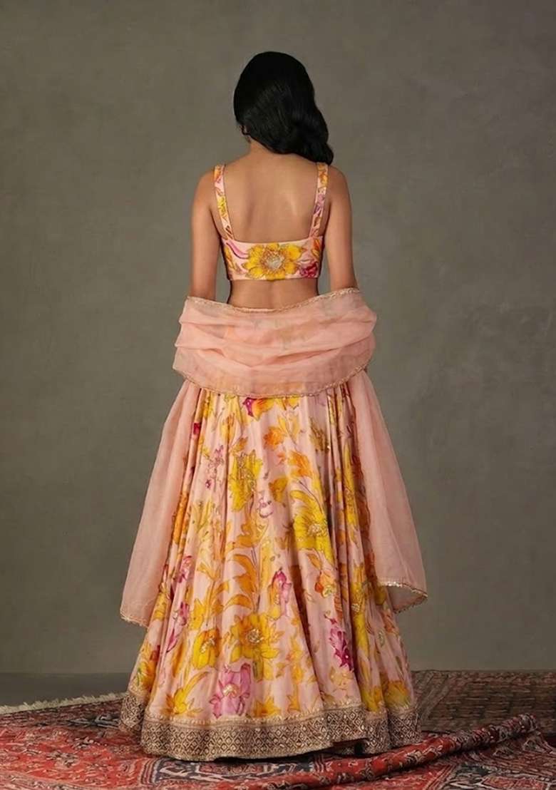 Peach Printed Chinon Lehenga Set - Indya