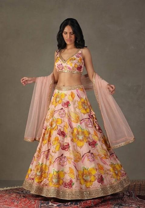 Multicolor Printed Chinon Lehenga Set