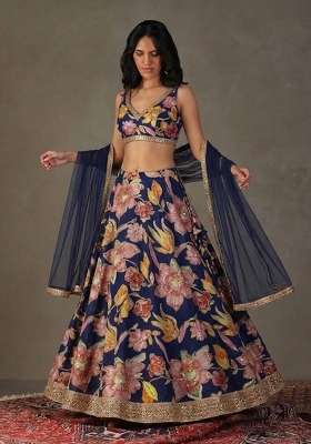 Black Printed Chinon Lehenga Set