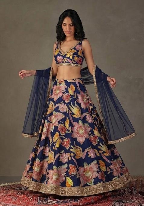 Black Printed Chinon Lehenga Set