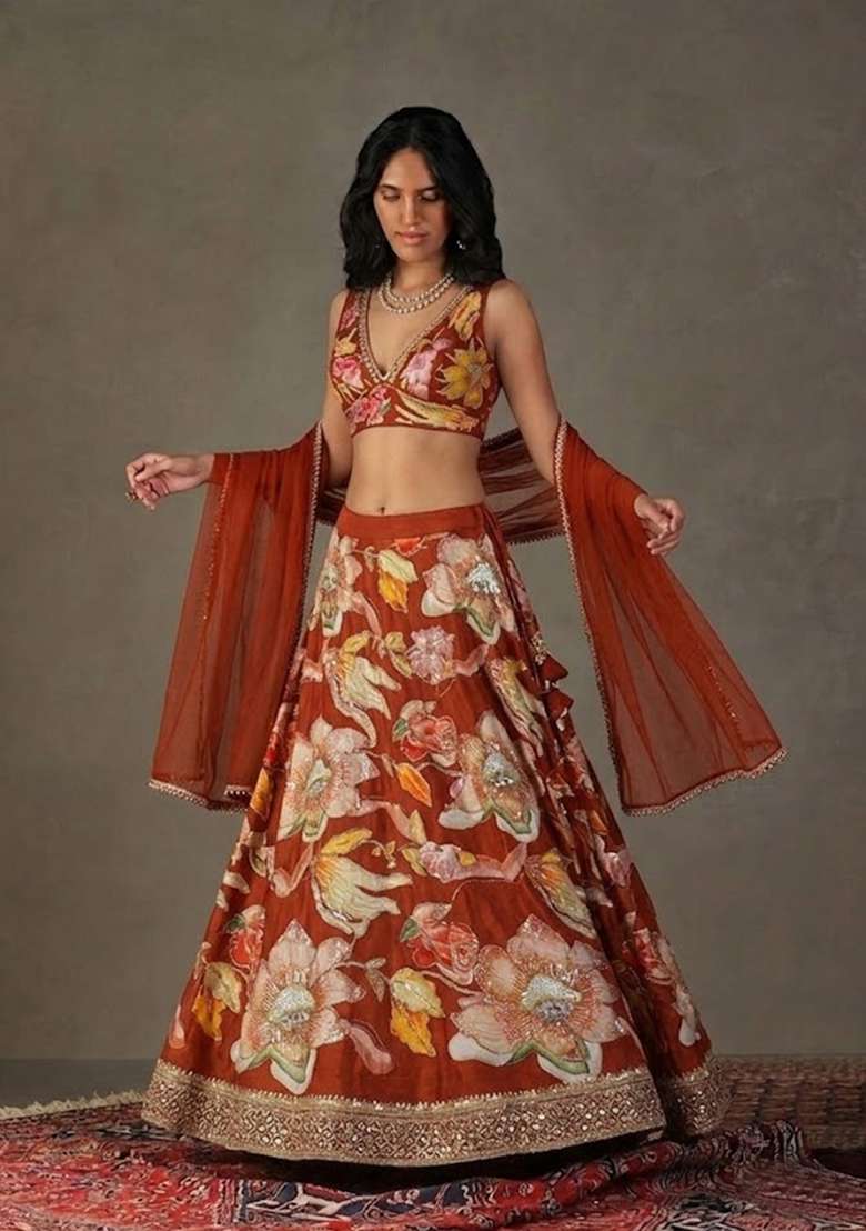 Red Printed Chinon Lehenga Set - Indya