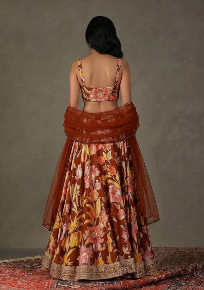 Red Printed Chinon Lehenga Set - Indya