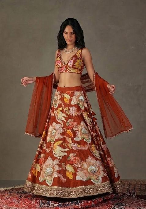Red Printed Chinon Lehenga Set