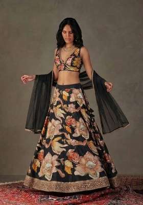 Black Printed Chinon Lehenga Set