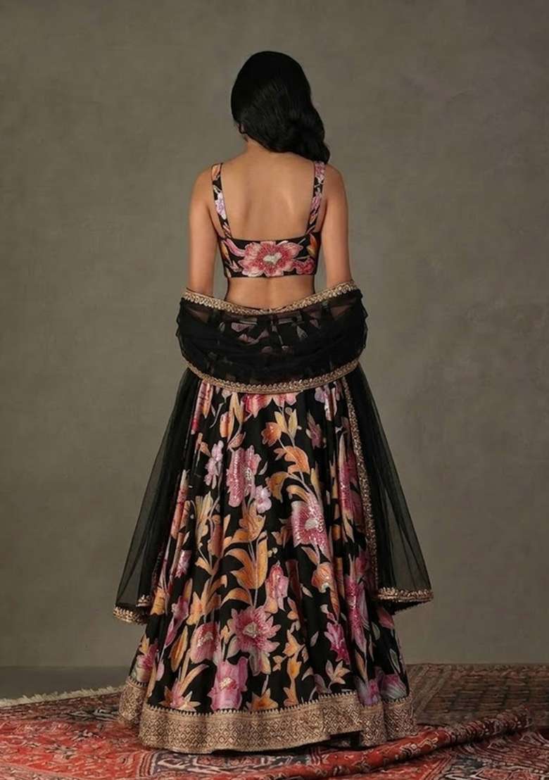 Black Printed Chinon Lehenga Set - Indya