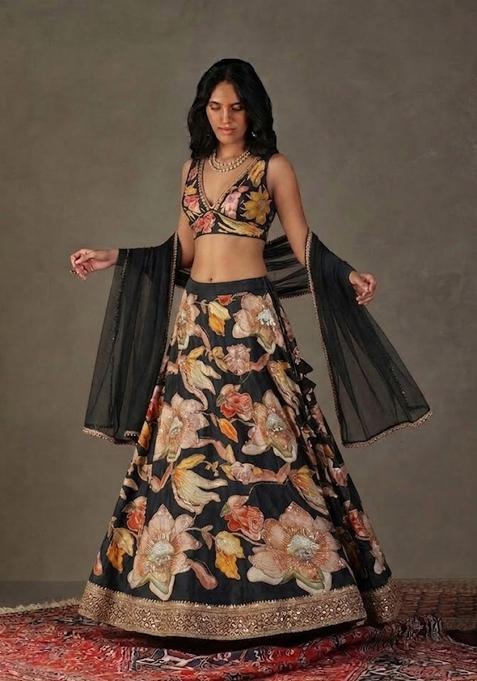 Black Printed Chinon Lehenga Set