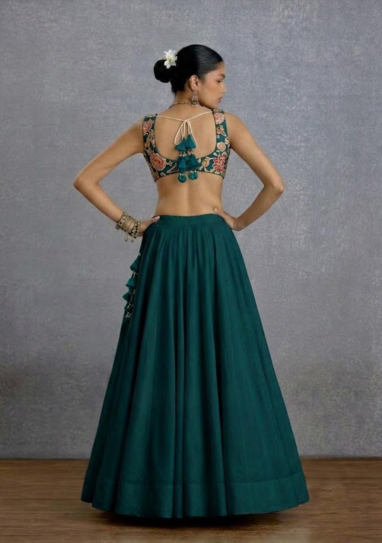 Dark Teal Embroidered Lehenga Set - Indya