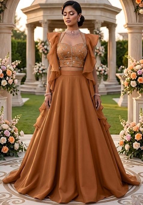 Burnt Copper Embroidered Lehenga Set