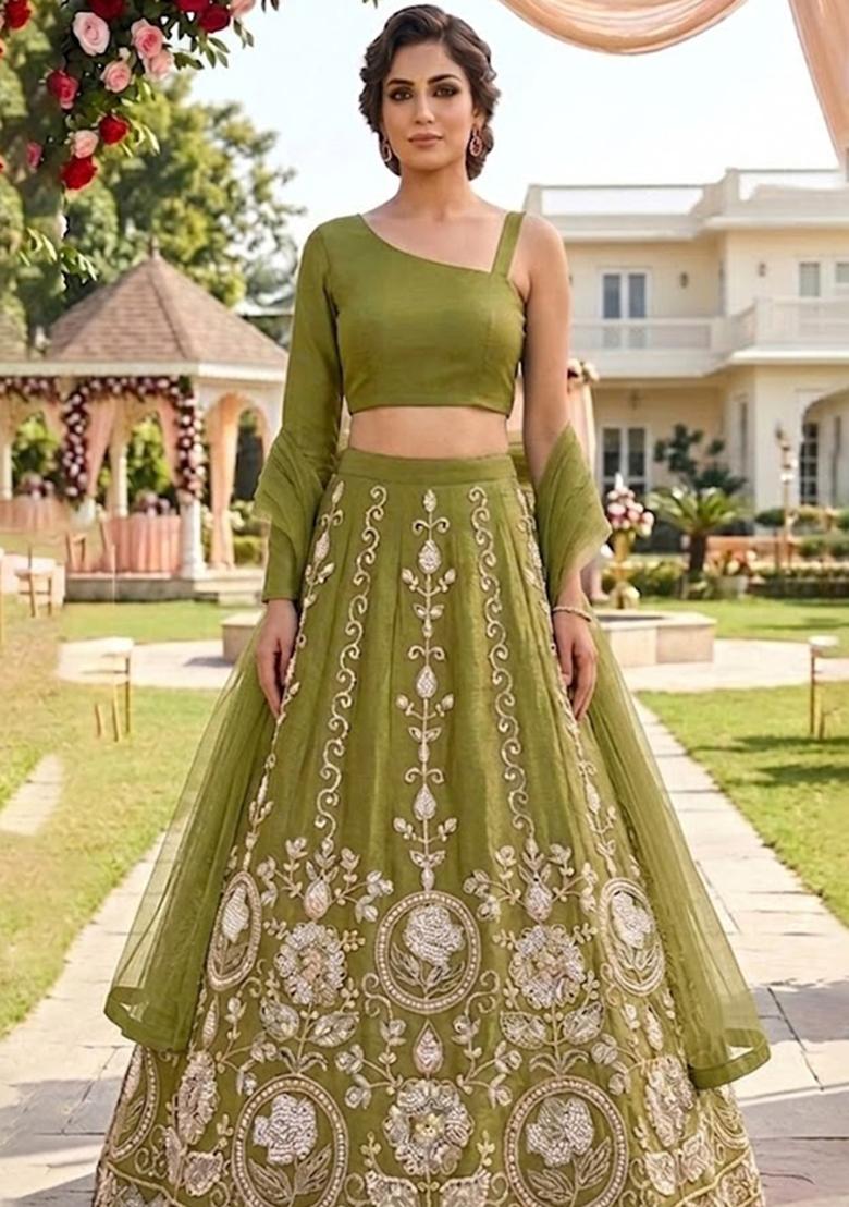 Olive Embroidered Lehenga Set - Indya